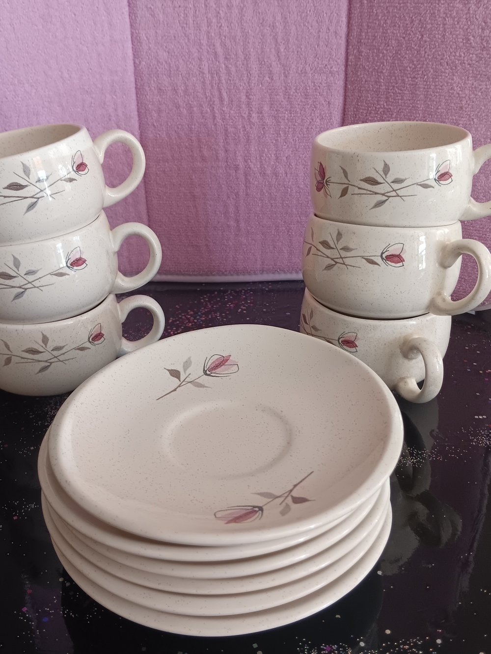 Vintage Franciscan Speckled Ivory Tea Cup and Saucer Set with Pink Floral Motif